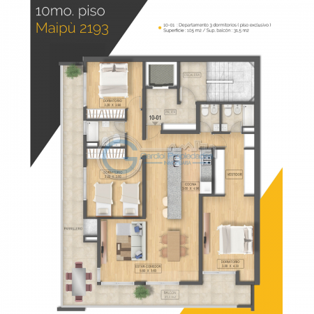 Piso exclusivo TRES DORMITORIOS - Balcon con parrillero - Amenities - Edificio en construccion - Maipu 2100